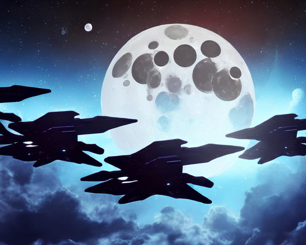 Futuristic spaceships in night sky with moon & planets