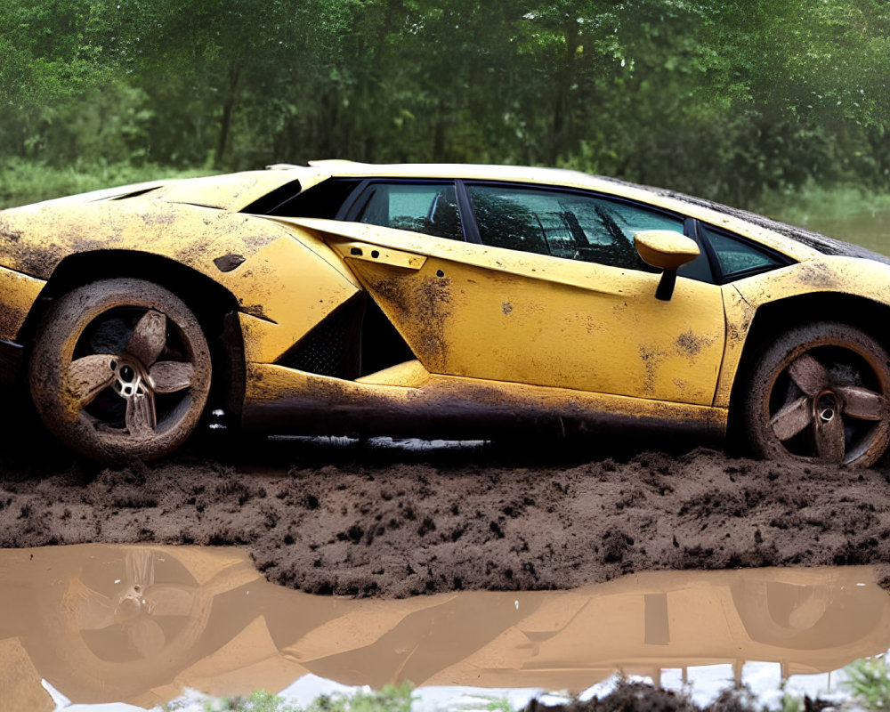 Muddy yellow Lamborghini stuck in mud near water