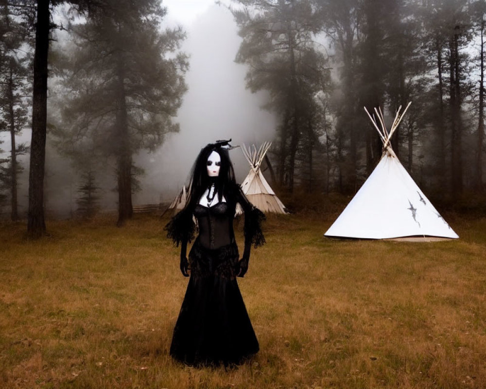 Elaborately dressed figure in misty forest with teepees