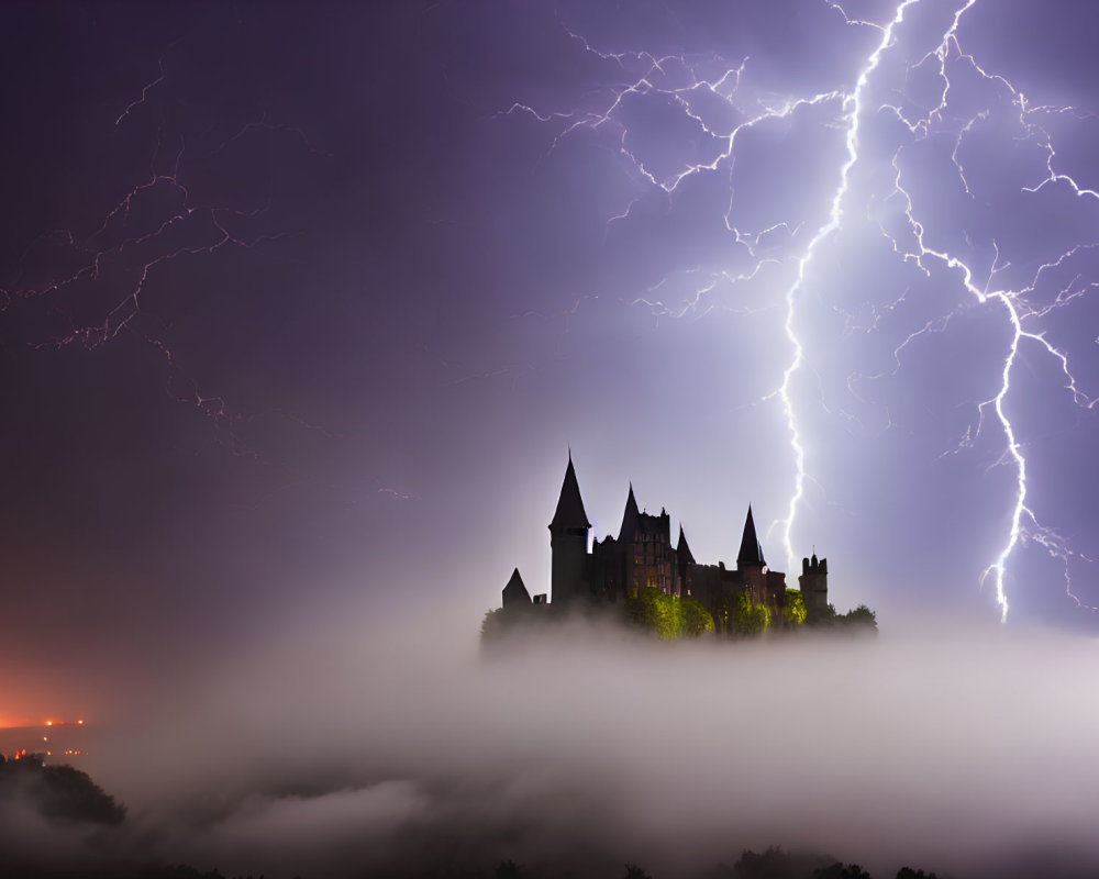 Medieval castle in fog with lightning storm.