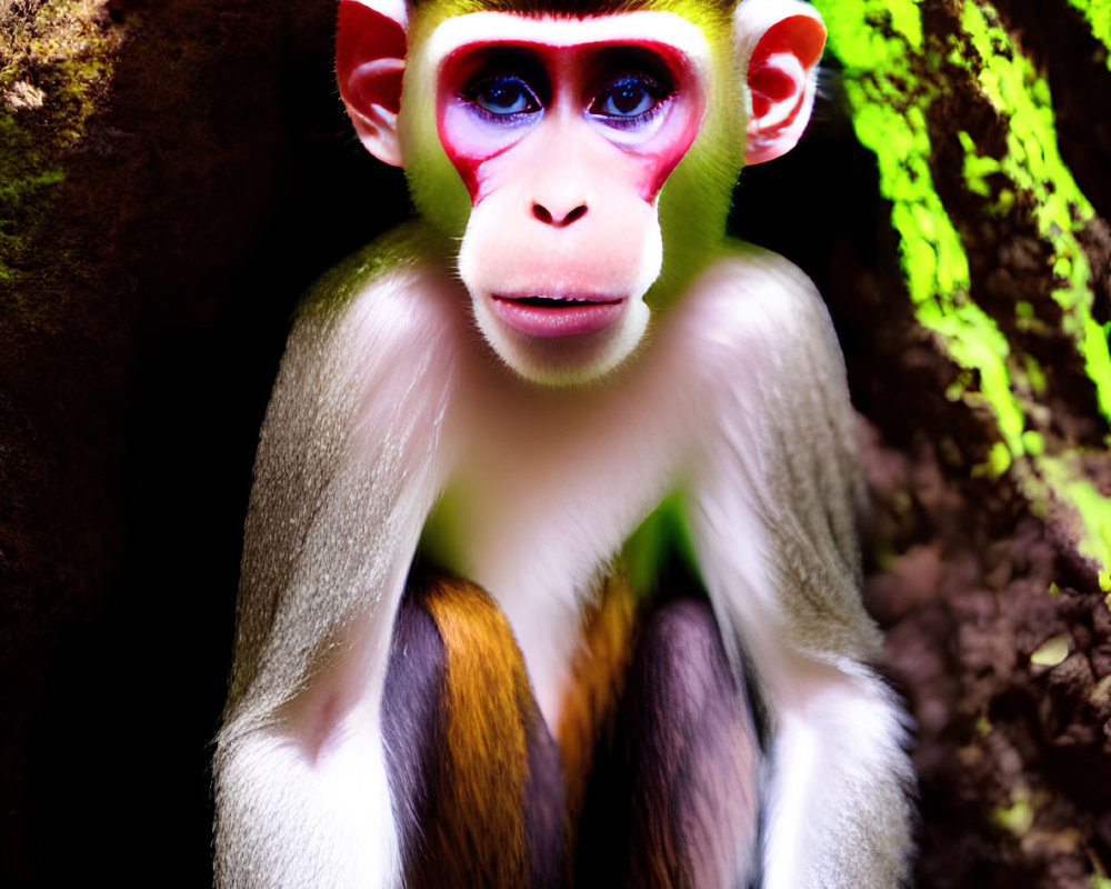 Colorful close-up photo of monkey with prominent eyes by tree in pink and green hues