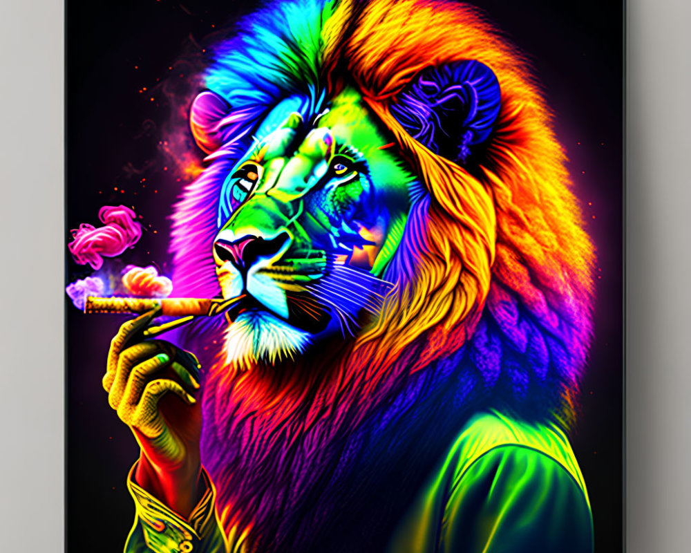 Vibrant lion digital art: rainbow palette, cigar, suit against black.