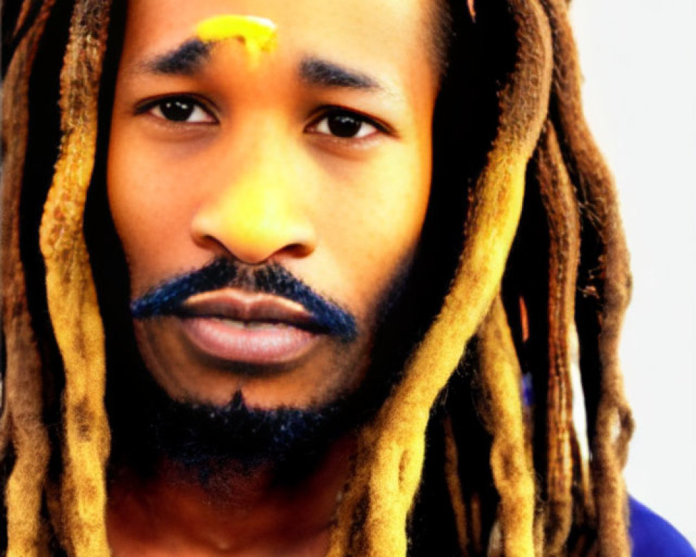 Pensive man with dreadlocks and painted forehead gazes at camera