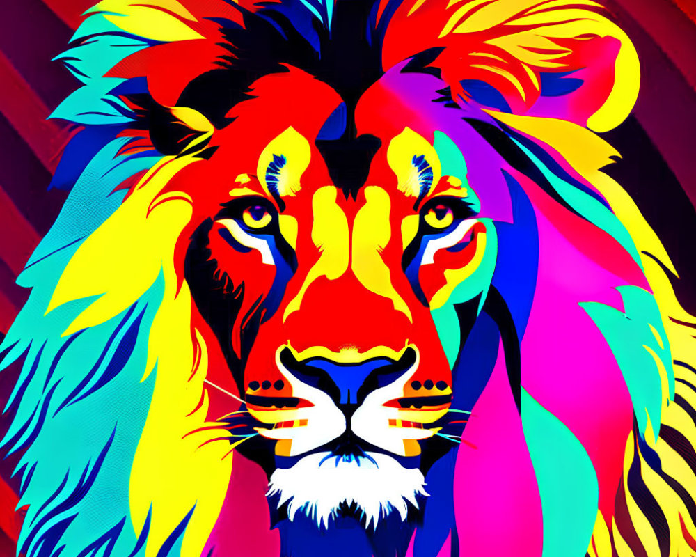 Colorful Psychedelic Lion Head Art Against Red and Purple Striped Background