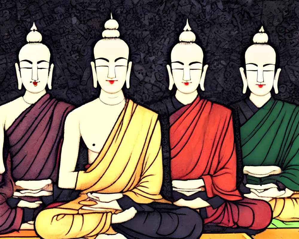 Stylized seated Buddha figures in different colored robes against decorative backdrop.