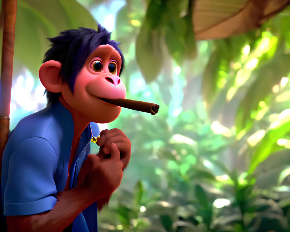 Blue-furred animated monkey with cigar in jungle setting