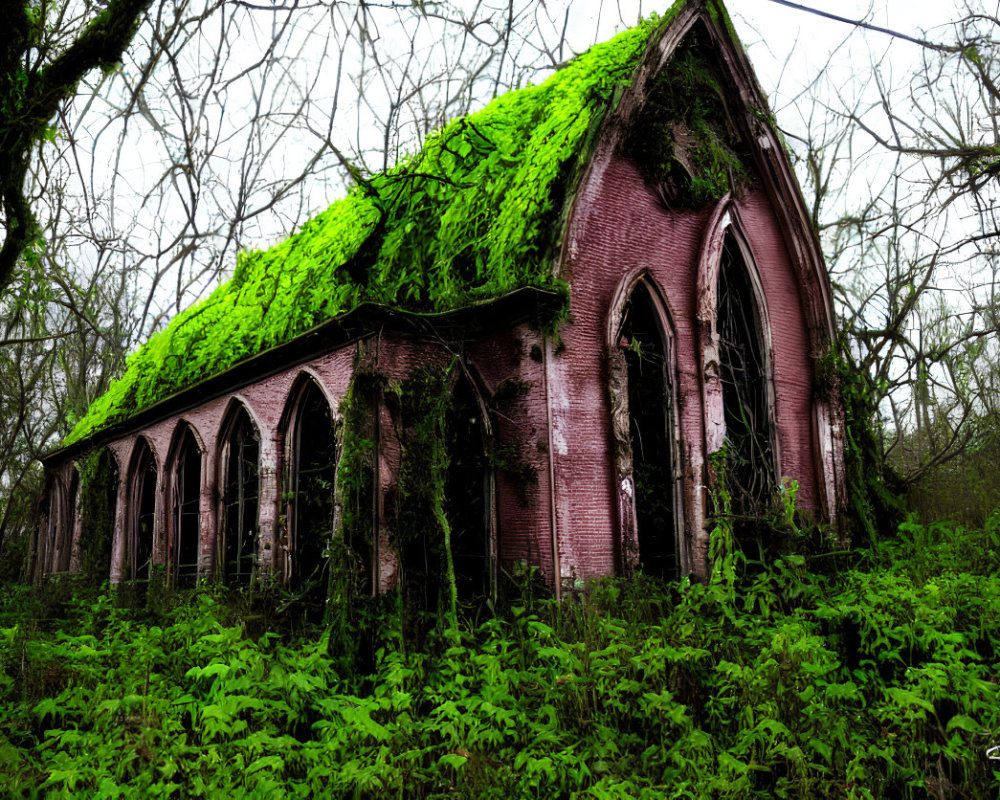 Moss-Covered Abandoned Gothic Building in Overgrown Setting