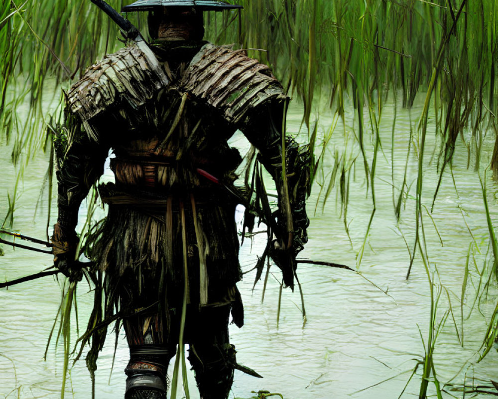 Traditional samurai armor figure in serene marsh setting surrounded by tall green reeds