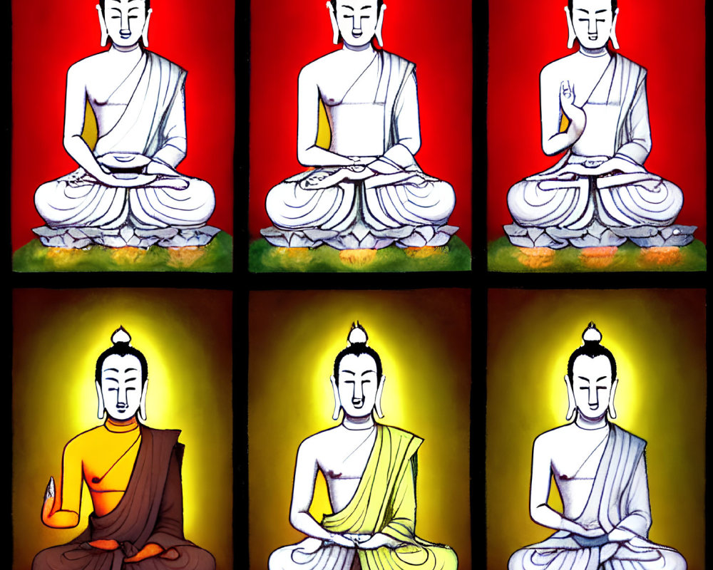 Six Seated Buddha Illustrations in Vibrant Robes