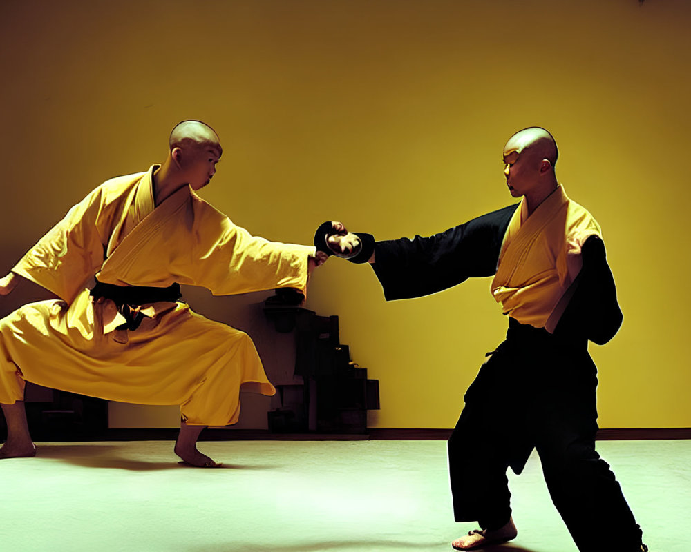 Two martial artists in yellow robes sparring in dimly lit room