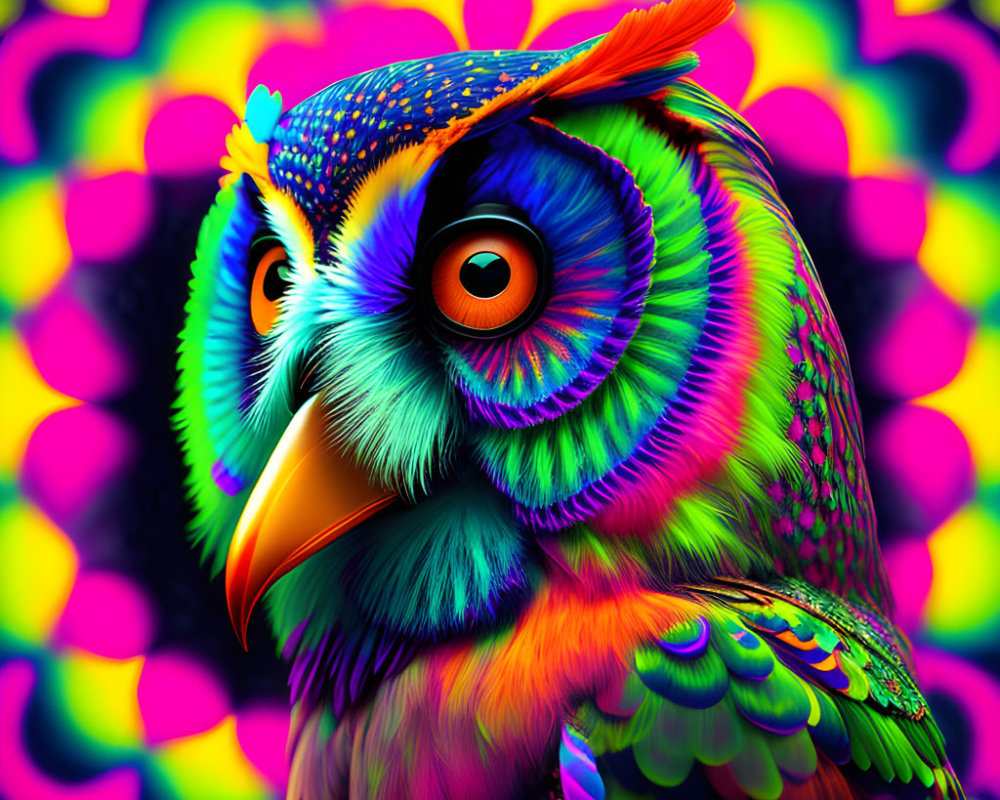 Colorful Owl Digital Illustration with Psychedelic Background