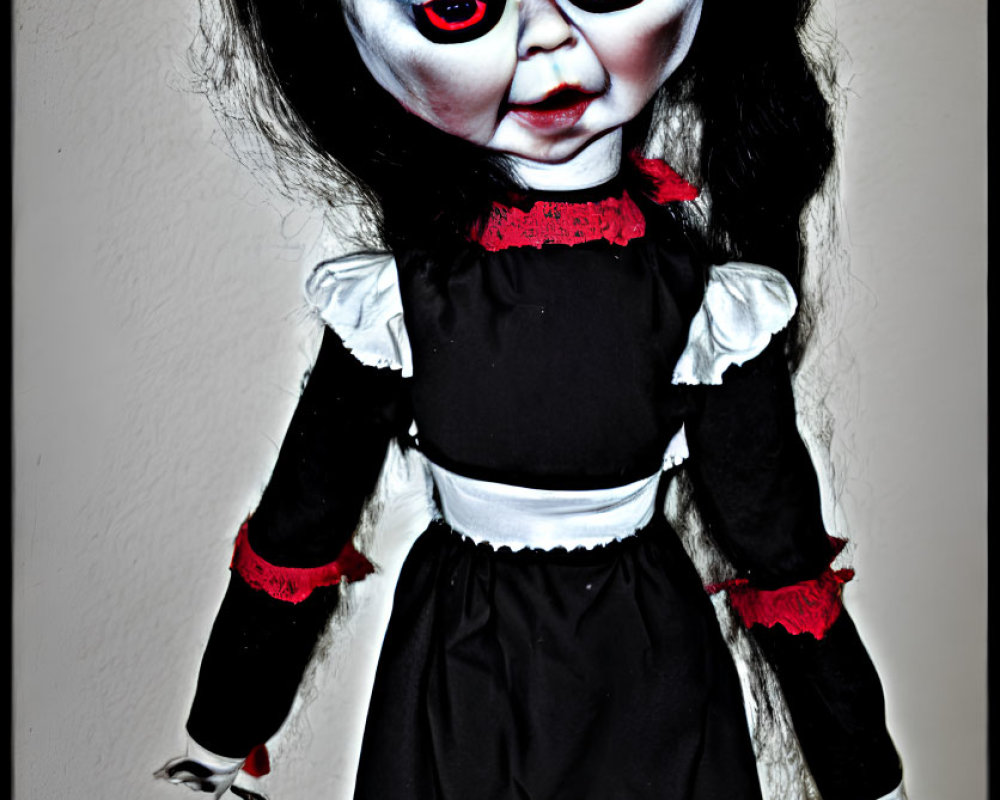 Creepy doll with pale skin, dark eyes, red irises, black dress, red bow.