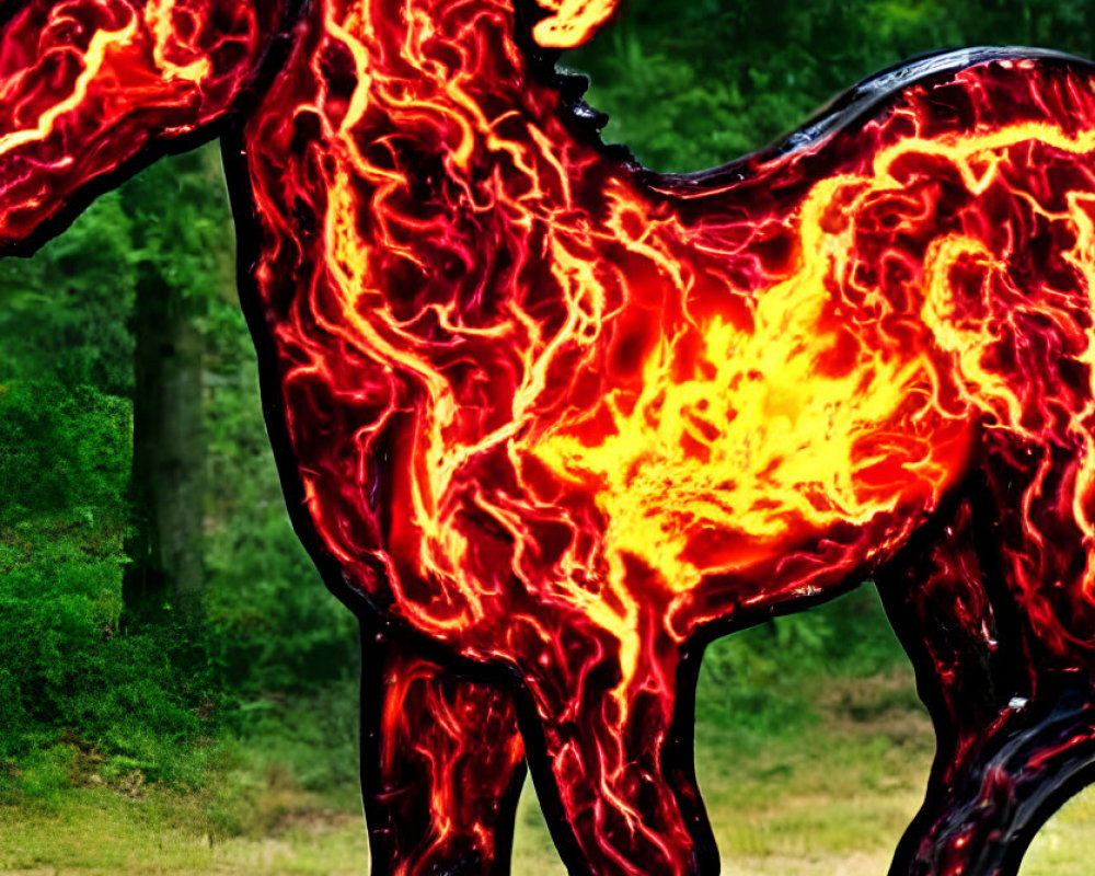 Horse image with lava-like body in forest setting