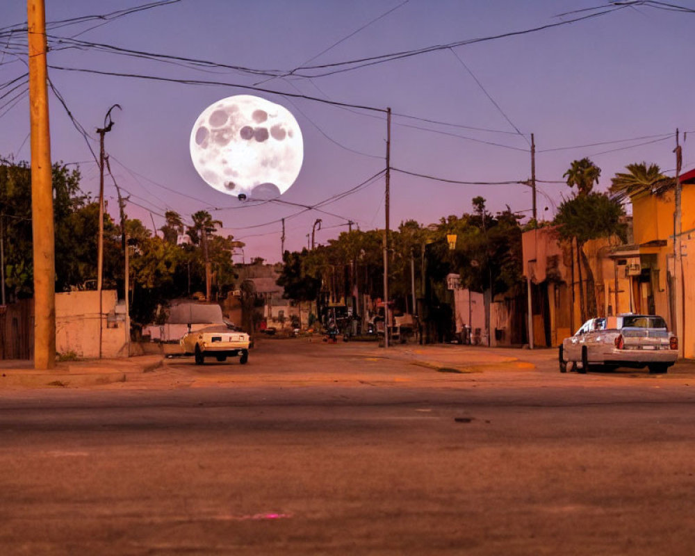 Deserted Street at Dusk with Oversized Moon, Parked Cars, Houses, and Palm