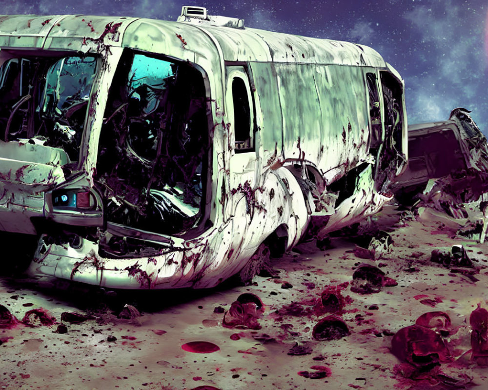 Derelict vehicles and scattered skulls under a purple sky in dystopian scene