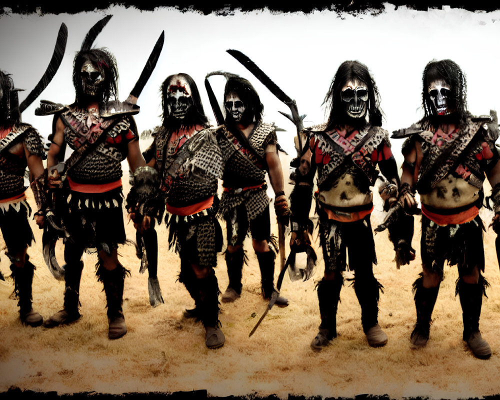 Five Tribal Warriors in Face Paint and Weapons Pose in Desert