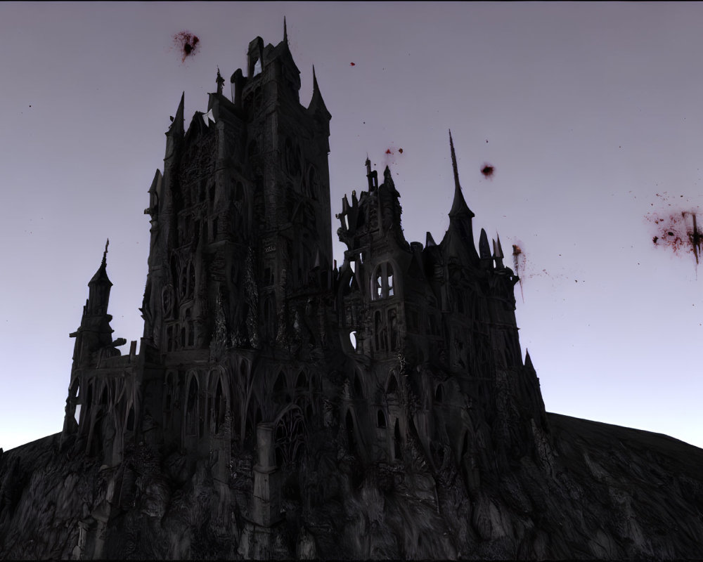 Gothic castle with towering spires under twilight sky