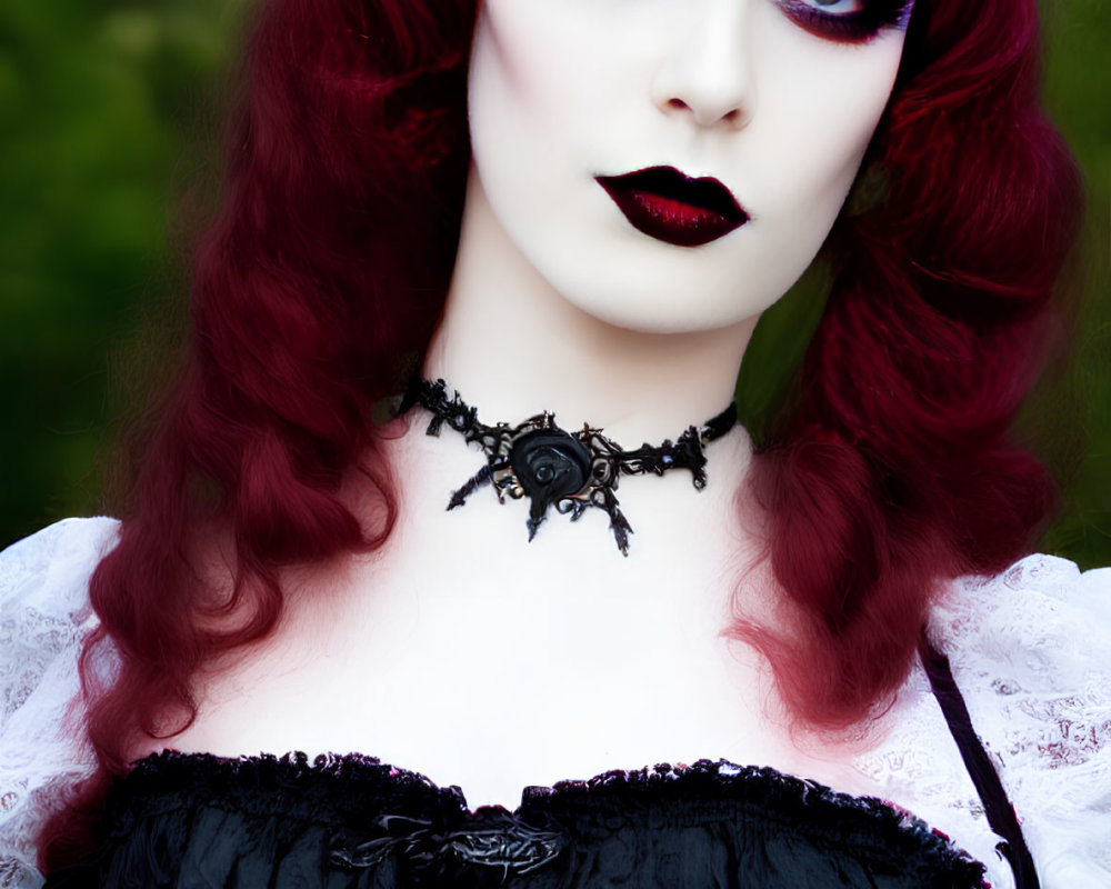 Red-haired person in gothic attire with dramatic makeup holding a red flower against lush backdrop