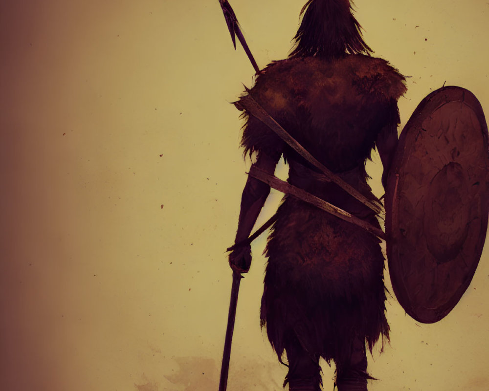 Warrior in furs with spear and shield on rocky outcrop.