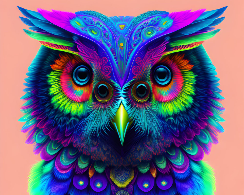 Colorful digital owl illustration with intricate patterns on pink background