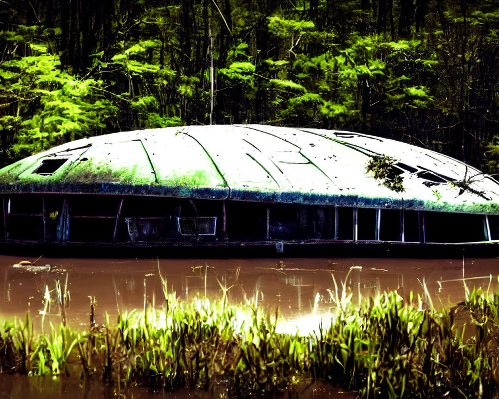 Abandoned moss-covered UFO-shaped structure in murky forest pond