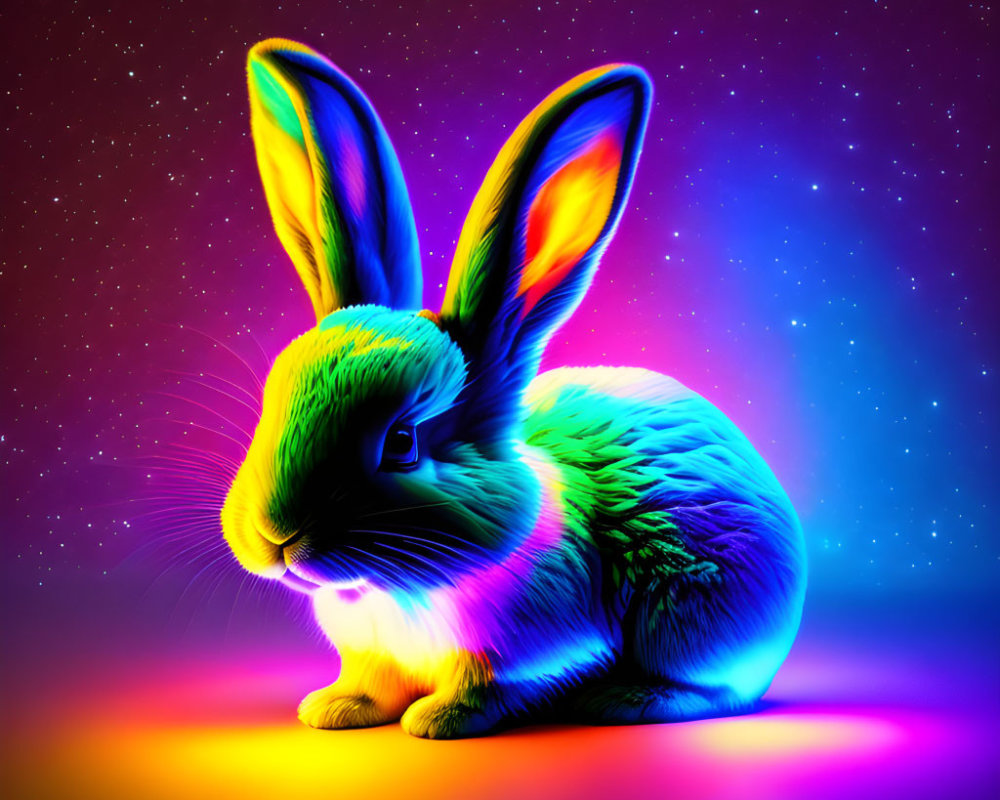 Colorful digital artwork: Rabbit in neon green and blue on cosmic purple and pink backdrop