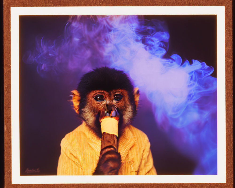 Monkey in Yellow Shirt Smoking with Blue Smoke: Surreal Anthropomorphic Portrait