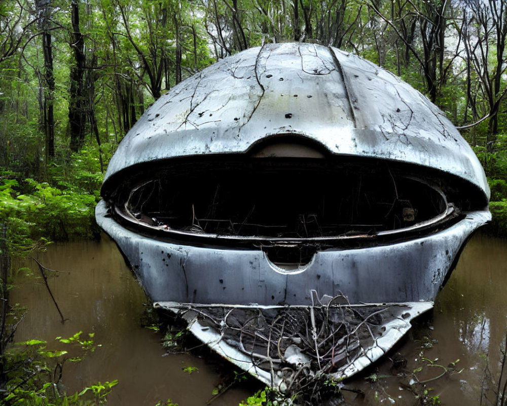 Abandoned UFO-shaped structure in water among trees