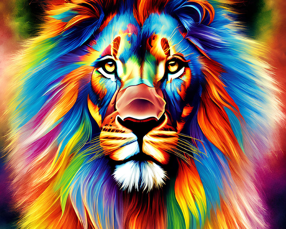 Vibrant lion face with colorful mane on vivid background