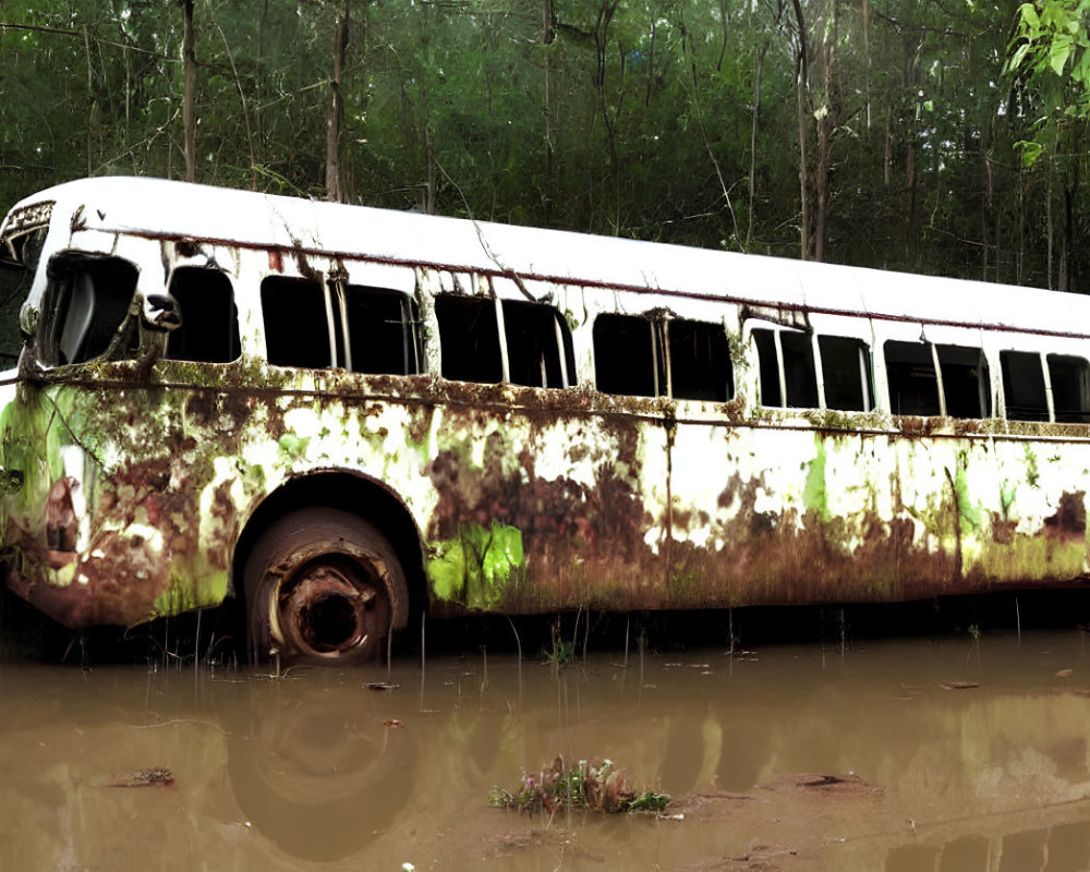 Rusted, moss-covered abandoned bus in muddy forest setting