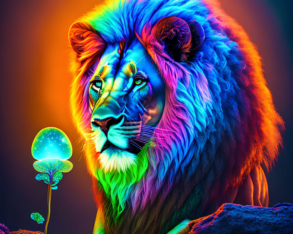 Colorful Lion Artwork with Neon Mane and Blue Mushroom on Dark Background