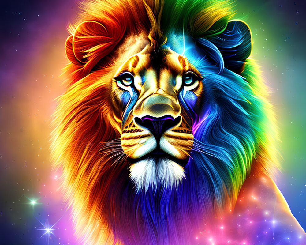 Colorful Lion Digital Art: Rainbow Mane on Cosmic Background