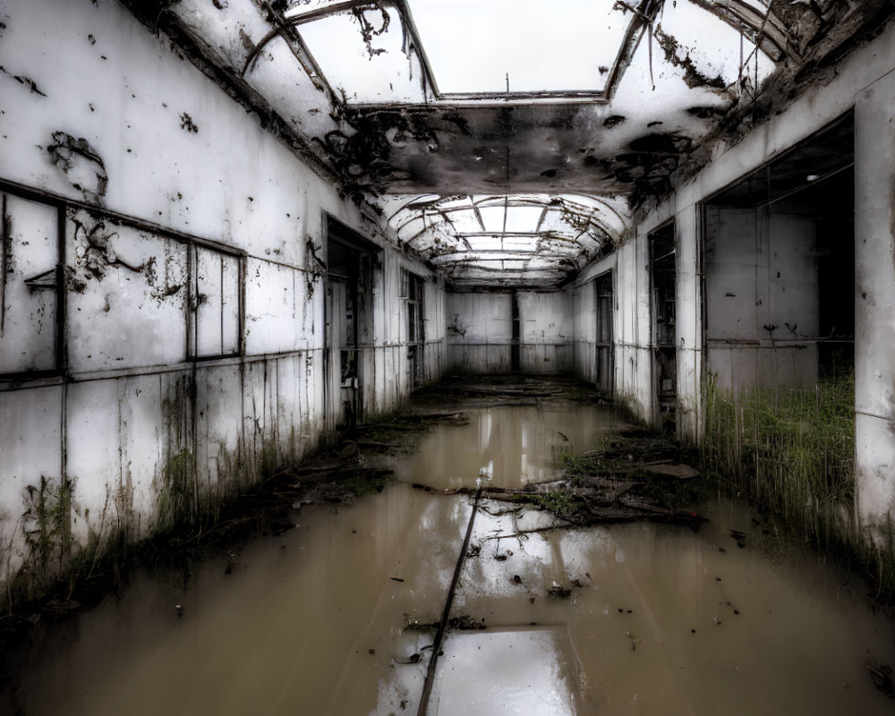 Abandoned building interior with flooded floor and overgrown vegetation.