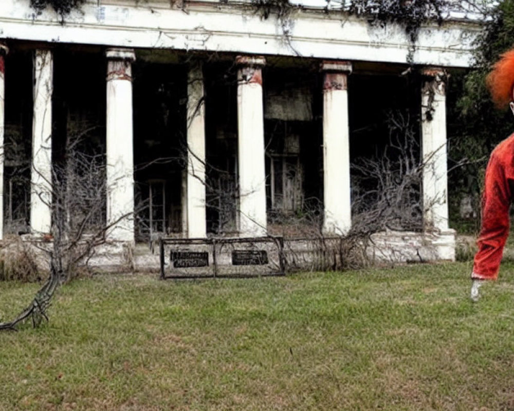 Clown costume person with red hair in front of neglected building