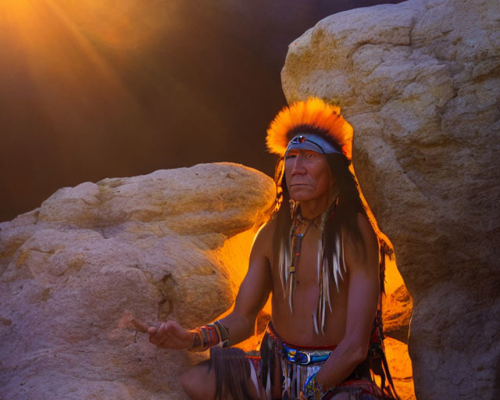 Native American meditating in headdress at sunset on rocky terrain.