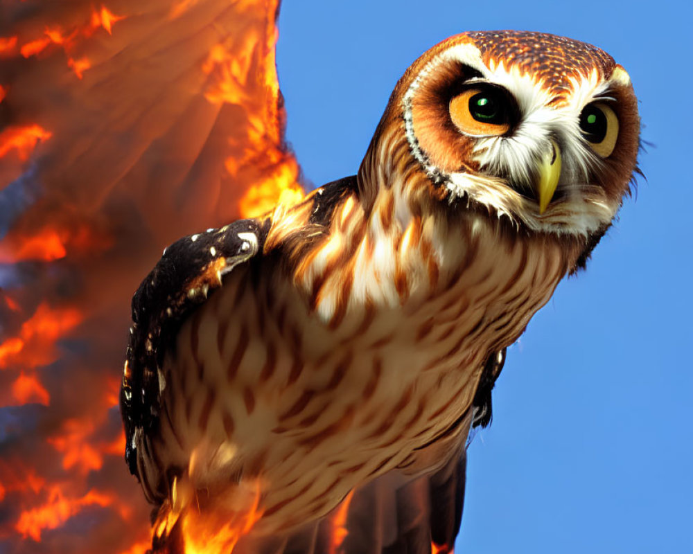 Owl in flight with spread wings against fiery backdrop