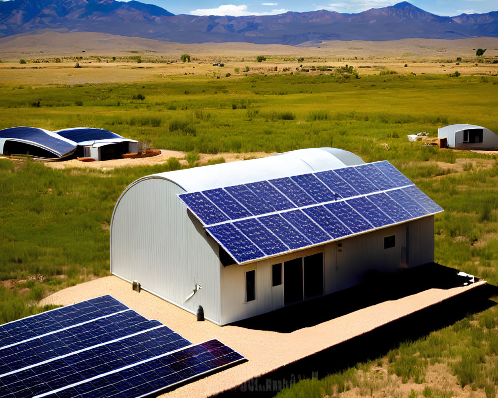 Rural landscape with buildings and solar panels under clear blue sky