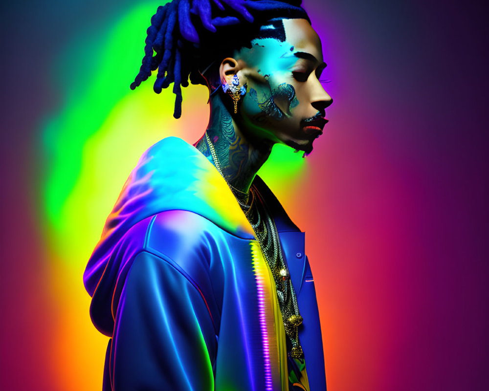 Person with facial tattoos and dreadlocks against rainbow background in blue jacket.