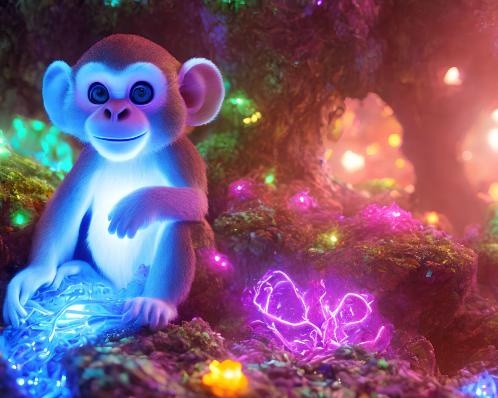 Vibrant Cartoon Monkey Illustration with Glowing Blue Eyes