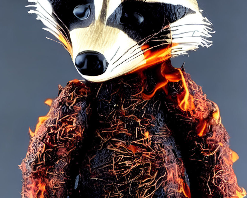 Detailed Raccoon Figure in Flames Against Gray Background