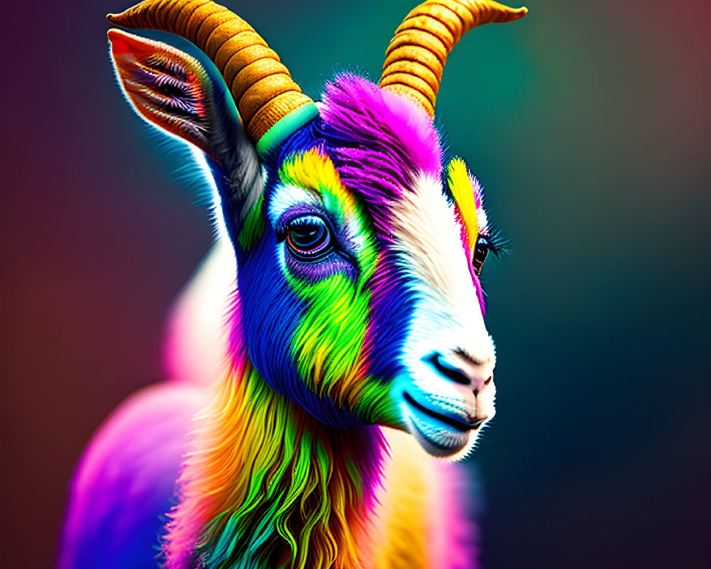 Vibrant rainbow-colored goat against dark background