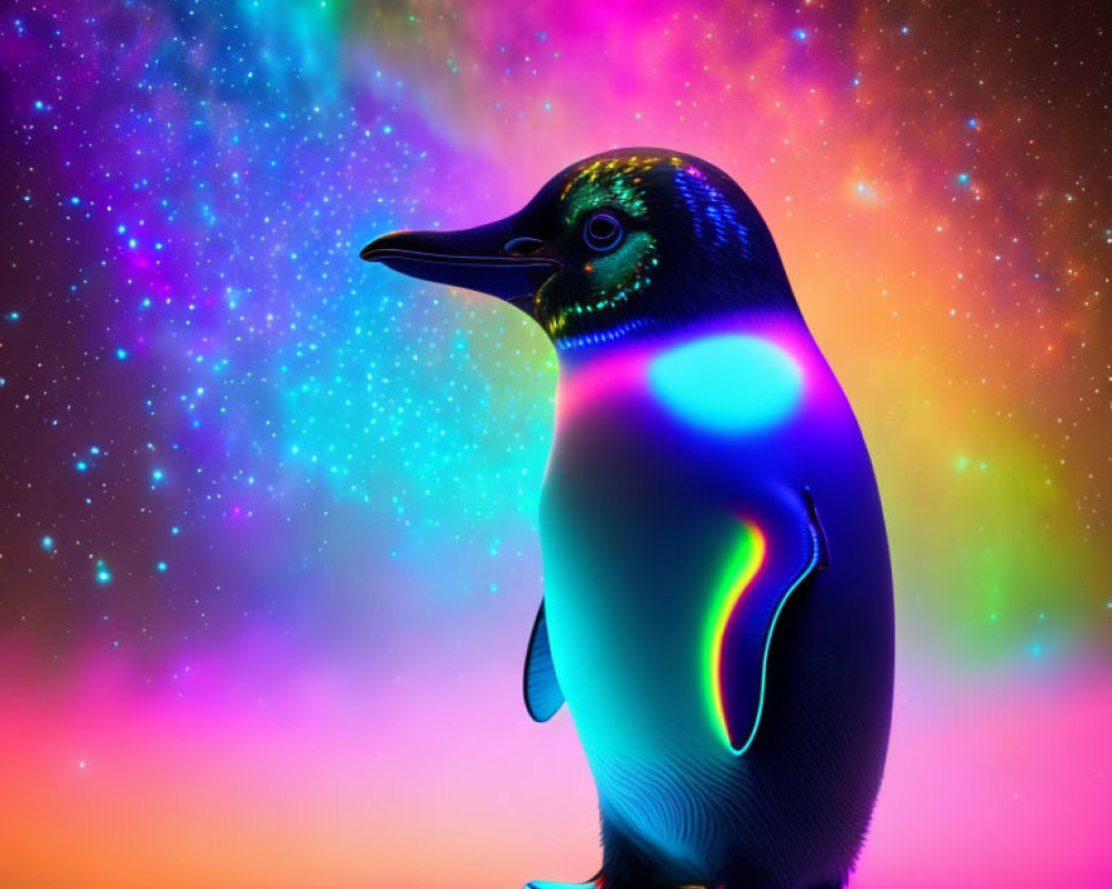 Colorful Penguin in Psychedelic Cosmic Setting