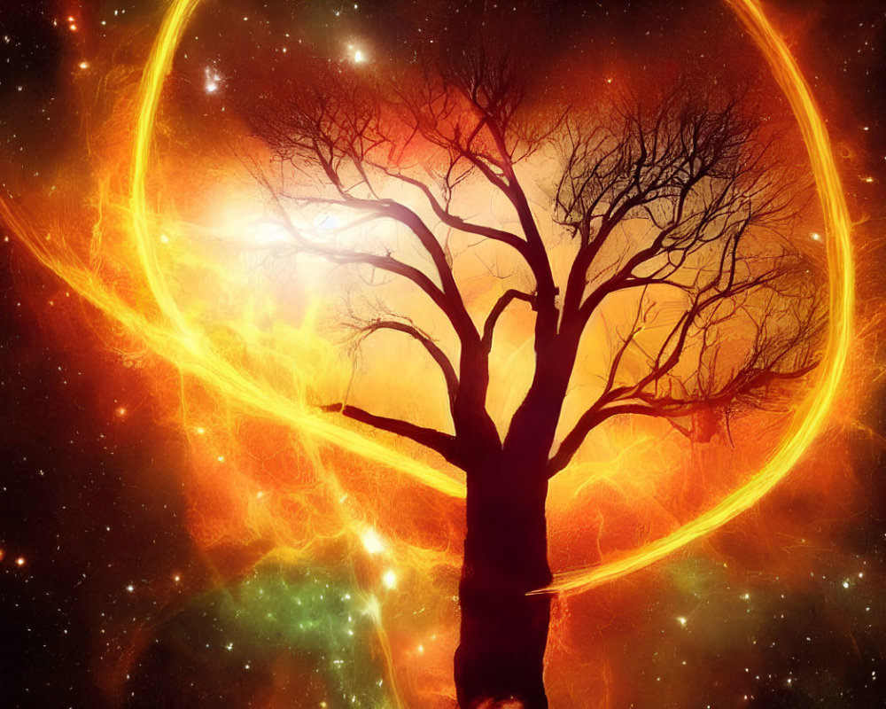 Silhouette of bare tree against vibrant cosmic background with luminous ring