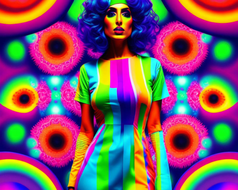 Colorful portrait of a woman in striped dress with psychedelic patterns and blue headband against multicolored