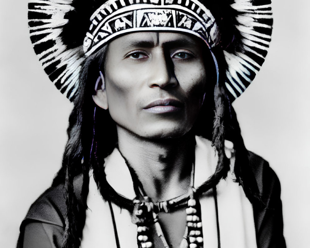 Portrait of person in Native American headdress with intricate beadwork and feathers.