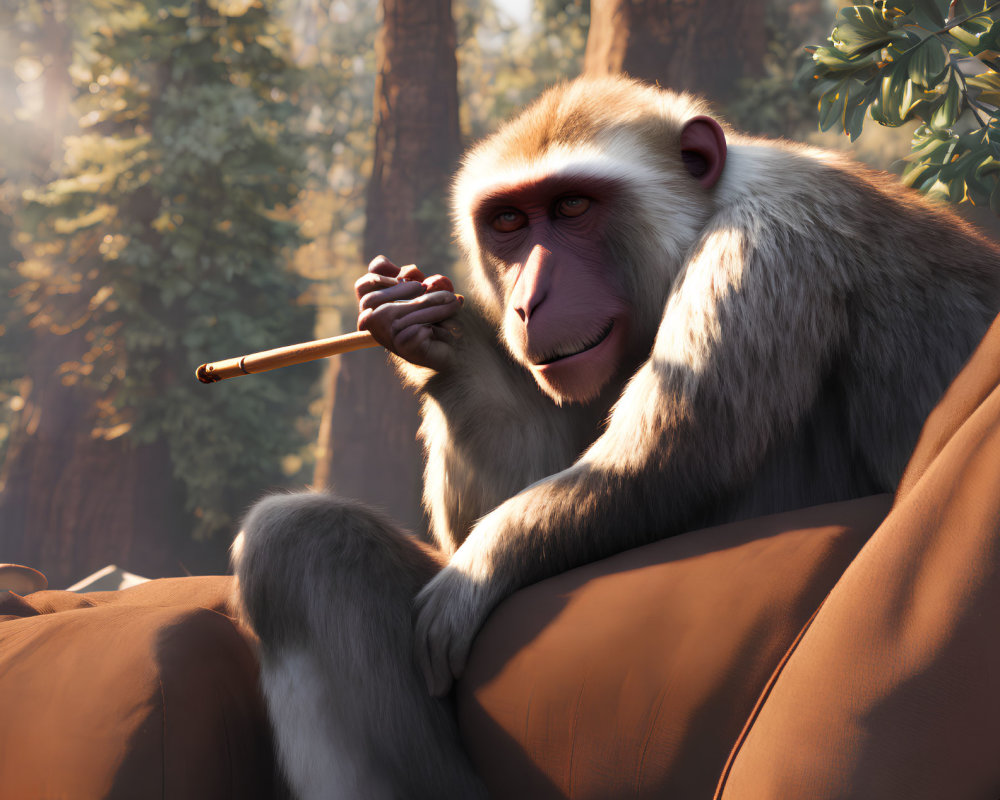 Animated baboon sitting on rock in forest with stick under sunlight