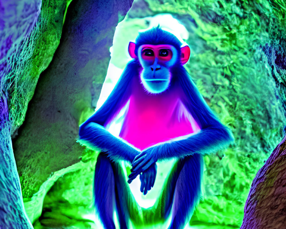 Vibrant neon blue and pink monkey in colorful cave setting