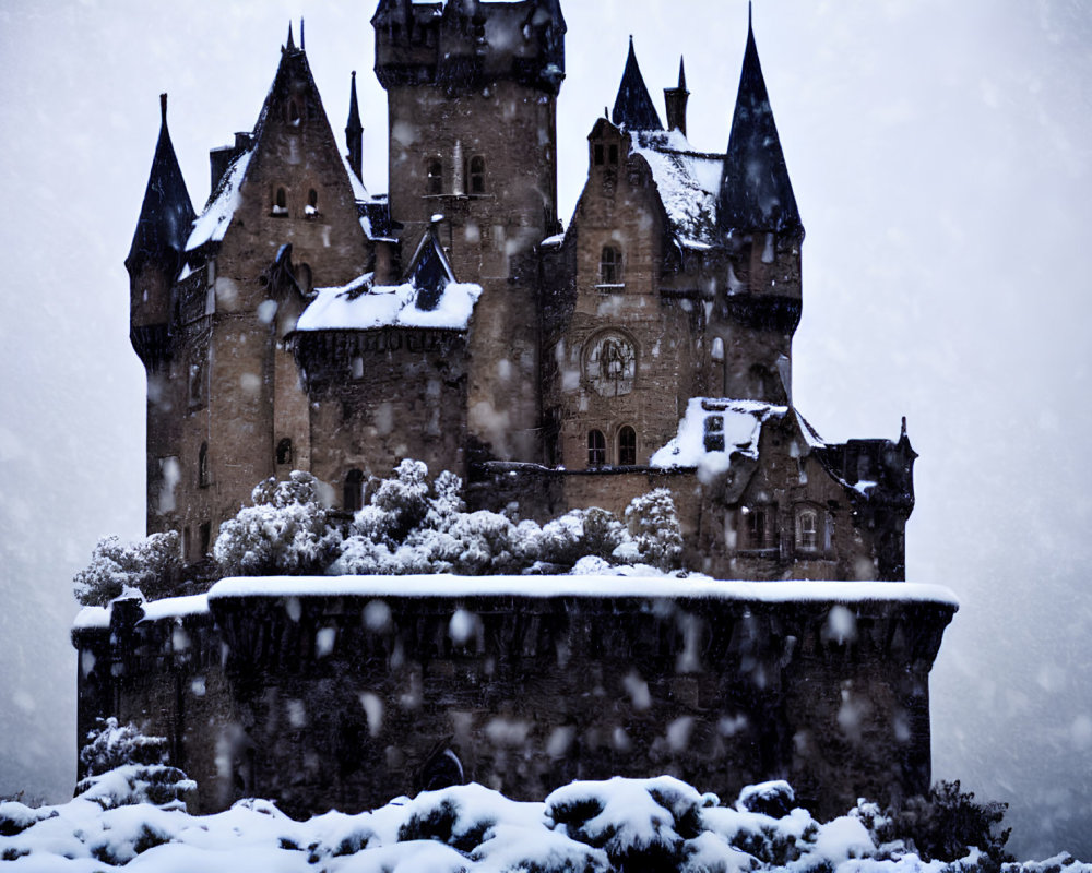 Snowy castle with spires on rocky cliff in snowfall