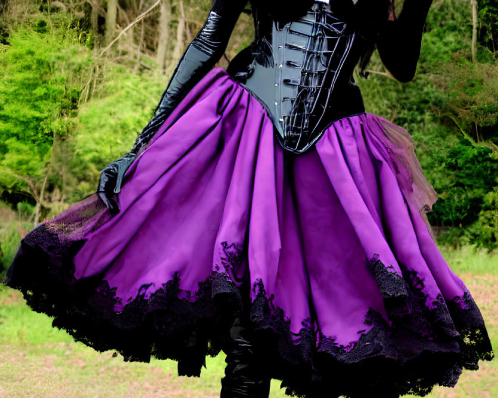 Person in Gothic Attire with Black Corset and Purple Skirt in Forest