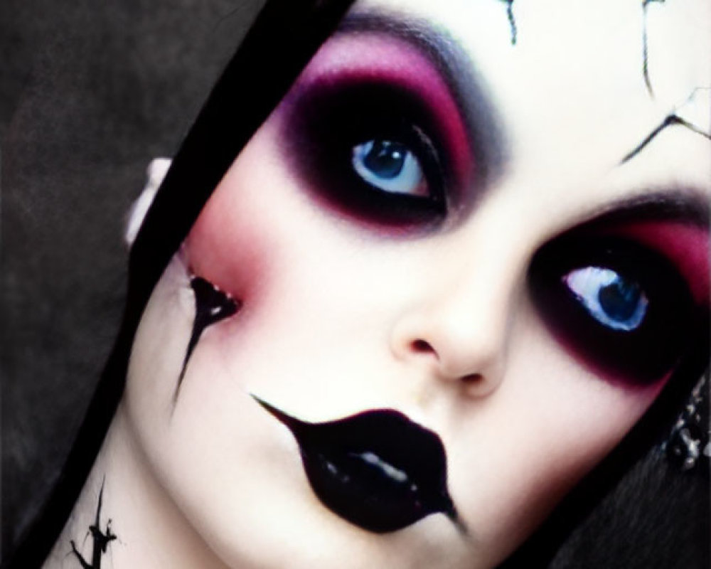 Gothic makeup with black lipstick, dramatic eye shadow, cracked skin effects, and skull accessories